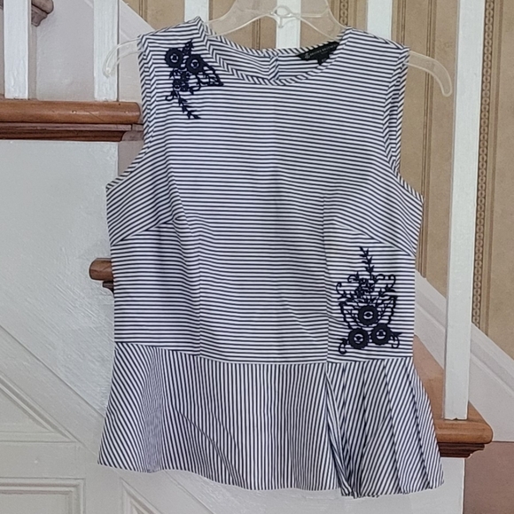 BROOKS BROTHERS Cotton Blue White Striped Peplum Top Size 10P - Picture 2 of 10